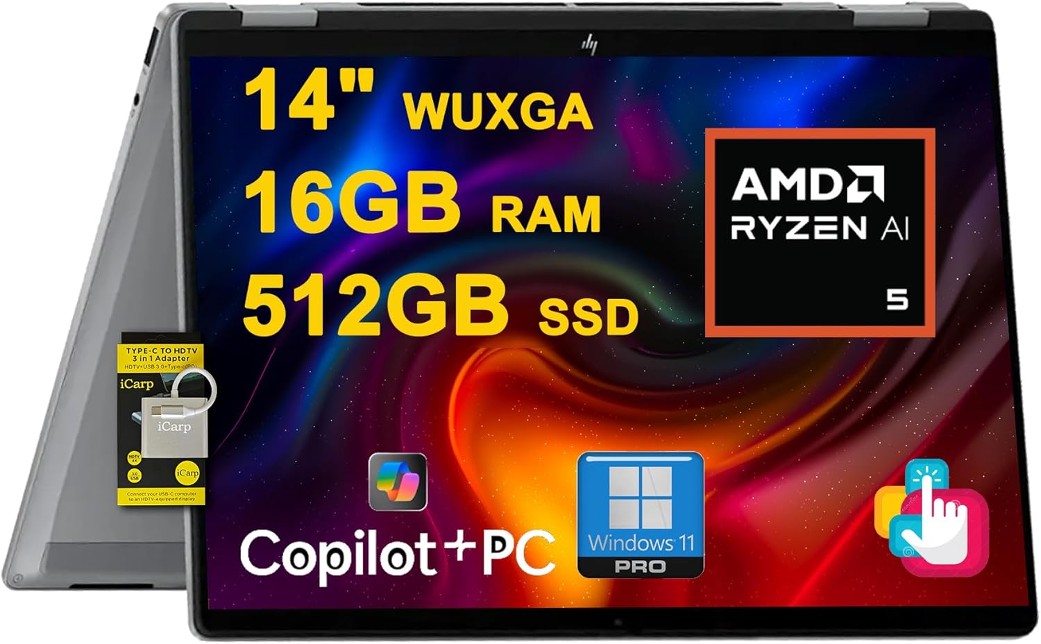 HP OmniBook X Flip 2-in-1 Laptop 14" WUXGA IPS Touch (400nits) AMD 6-core Ryzen AI 5 340 (Up to 50 Tops) 16GB RAM 512GB SSD for Creator Designer Business Professional Win11Pro ICP Hub