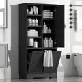 SOFTSEA 68" Double Tilt Out Laundry Hamper, Tall Hidden Laundry Basket Cabinet with Adjustable Shelf, Freestanding Bathroom Storage Cabinet with Doors and Open Shelves, Black