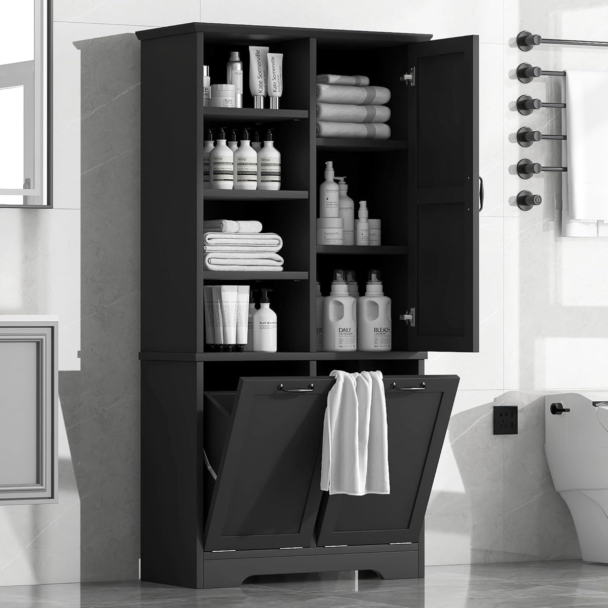 SOFTSEA 68" Double Tilt Out Laundry Hamper, Tall Hidden Laundry Basket Cabinet with Adjustable Shelf, Freestanding Bathroom Storage Cabinet with Doors and Open Shelves, Black
