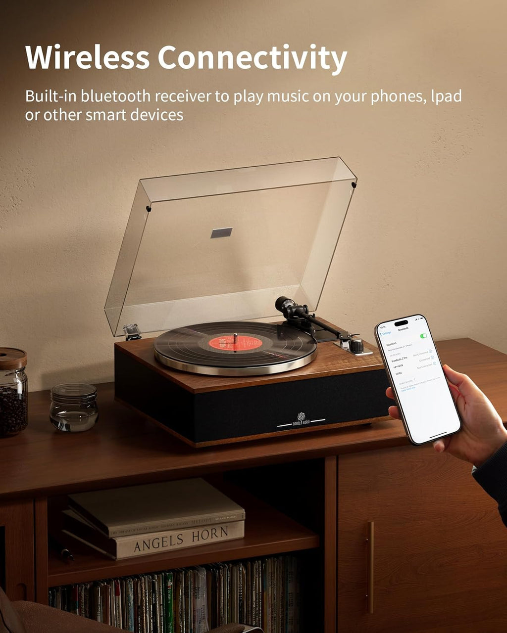 ANGELS HORN Vinyl Record Player, Bluetooth Turntable with Built in Speakers Phono Preamp, High Fidelity Turntables for Vinyl Records with Magnetic Cartridge AT-3600L, Belt Drive 2-Speed