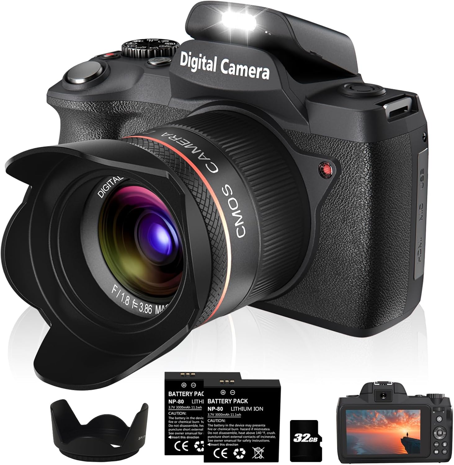 Digital Camera,5K 64MP Camera for Photography with Dual-Lens and Lens Hood,32GB Card 2 Batteries,Selfie 4" Touch Screen Vlogging Cameras for YouTube, Autofocus Flash 18X Digital Zoom Travel Camera