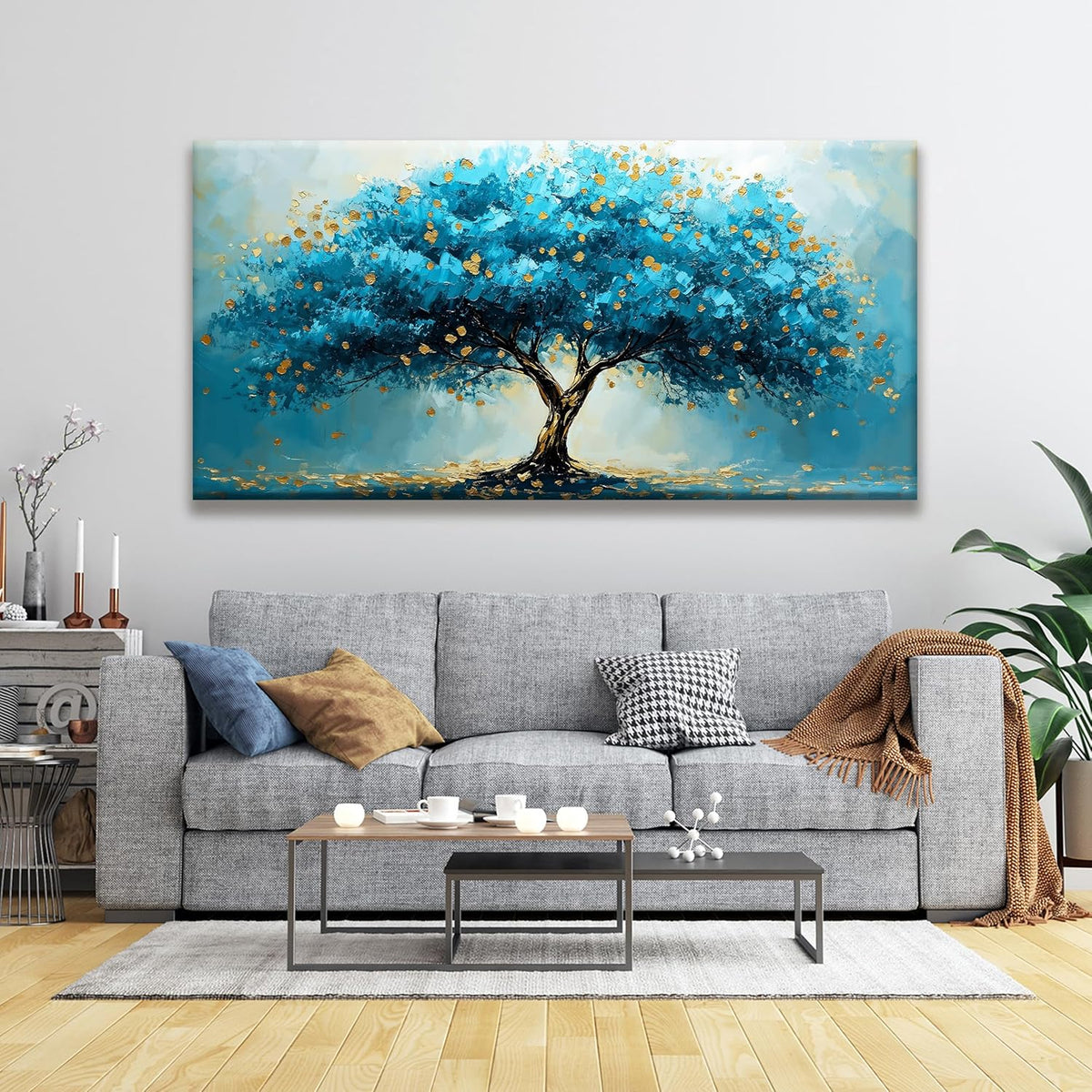QSQ Large Abstract Wall Art Blue Tree Of Life Canvas Art Wall Decor For Living Room Decorations Blue And Gold Tree Abstract Wall Decor Painting For Home Bedroom Kitchen Office Artwork 29 X 58 Inch