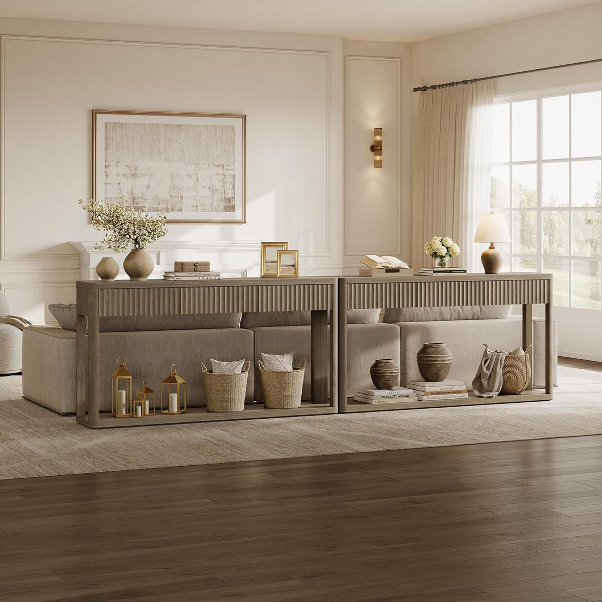 SICOTAS Entryway Table with Storage, 60.74" W Console Table with 3 Fluted Drawers and Shelf, Modern Narrow Long Accent Sofa Table Behind The Couch for Hallway, Entrance, Living Room, Foyer, Grey Alder
