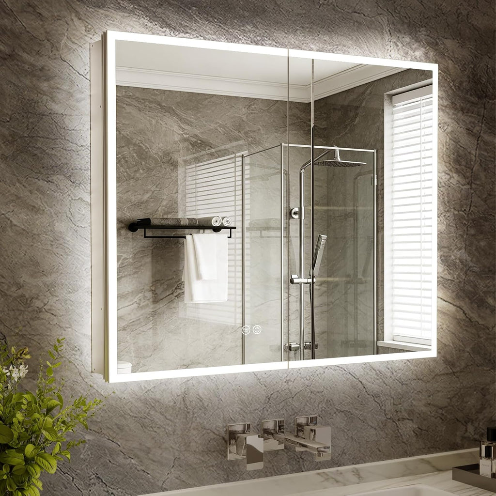 LED Medicine Cabinet Mirror 30x36 IN, Lighted Medicine Cabinet with 3-Colors Dimmable Light, Defog, Medicine Cabinet with Light Built-in 2-Compartment, Sensing Light, 2 Outlets, Recessed or Wall Mount