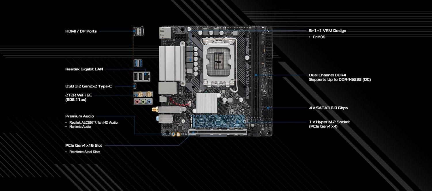 ASRock B760M-ITX/D4 WiFi Supports 13th Gen & 12th Gen Intel® Core™ Processors (LGA1700)