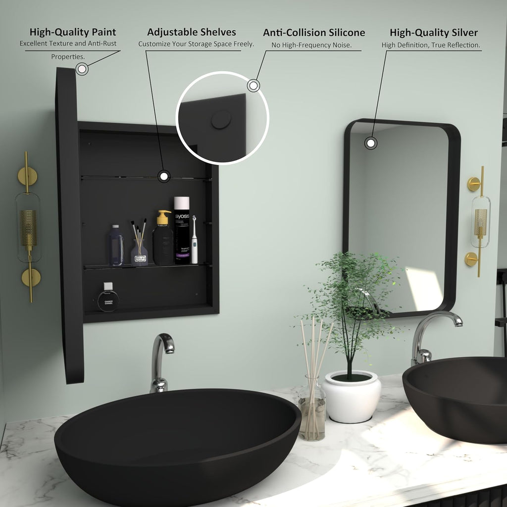 16”Wx24”H Farmhouse Framed Medicine Cabinet with Mirror, Matte Black Finish, Recessed or Surface Mount, Adjustable Shelves, Rounded Rectangle Bathroom Medicine Cabinet,Install Left or Right
