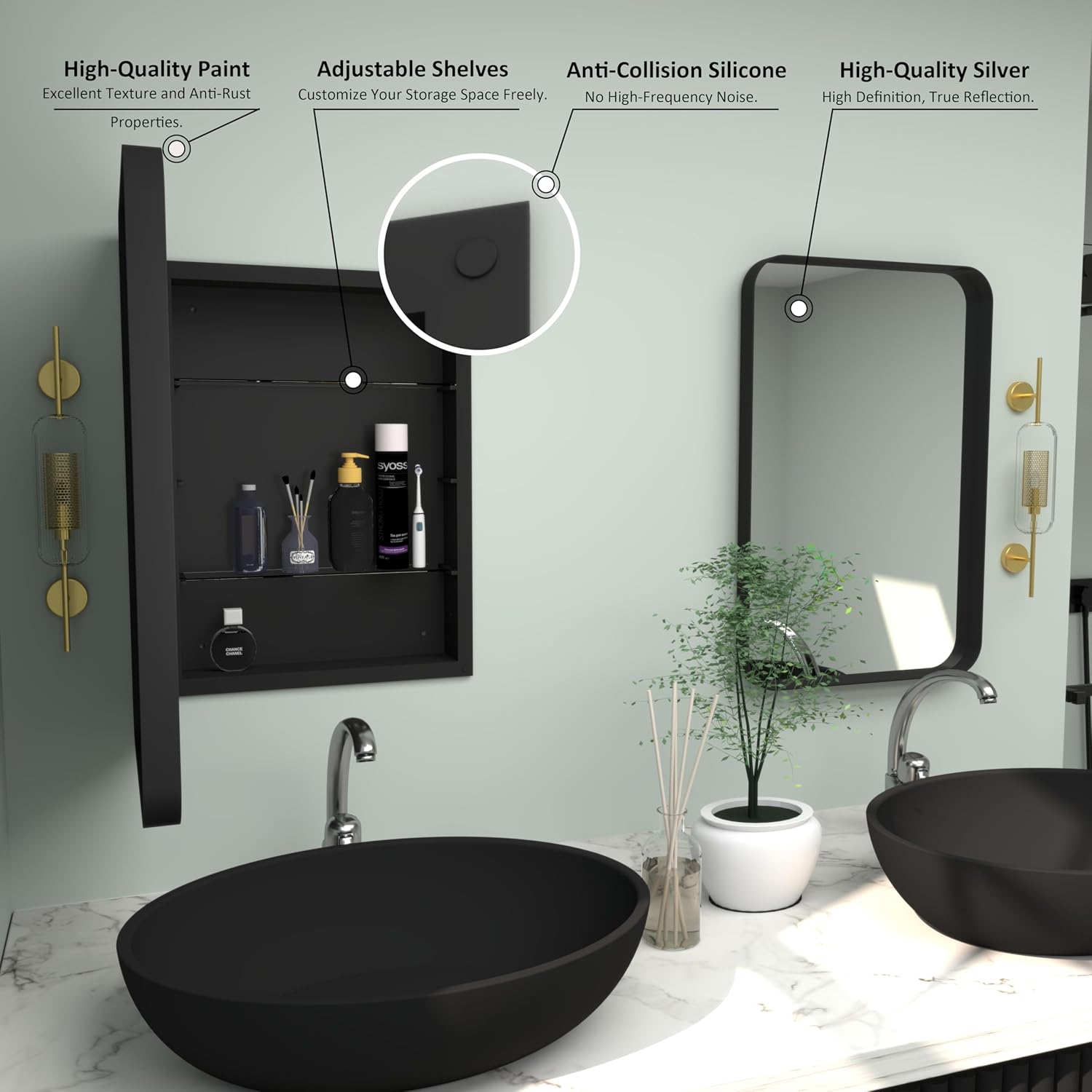16”Wx24”H Farmhouse Framed Medicine Cabinet with Mirror, Matte Black Finish, Recessed or Surface Mount, Adjustable Shelves, Rounded Rectangle Bathroom Medicine Cabinet,Install Left or Right