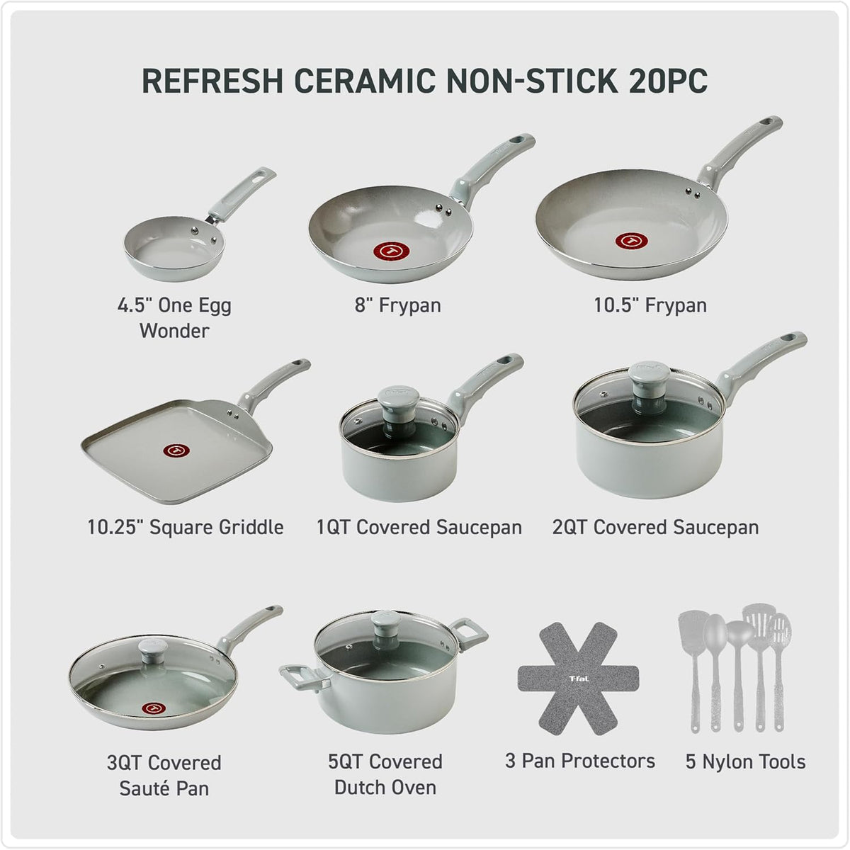 T-Fal Refresh Ceramic Pots and Pans Set, 20-Piece Nonstick Cookware Set, Stockpot, Griddle, Frying Pans, Utensils, Moon Grey