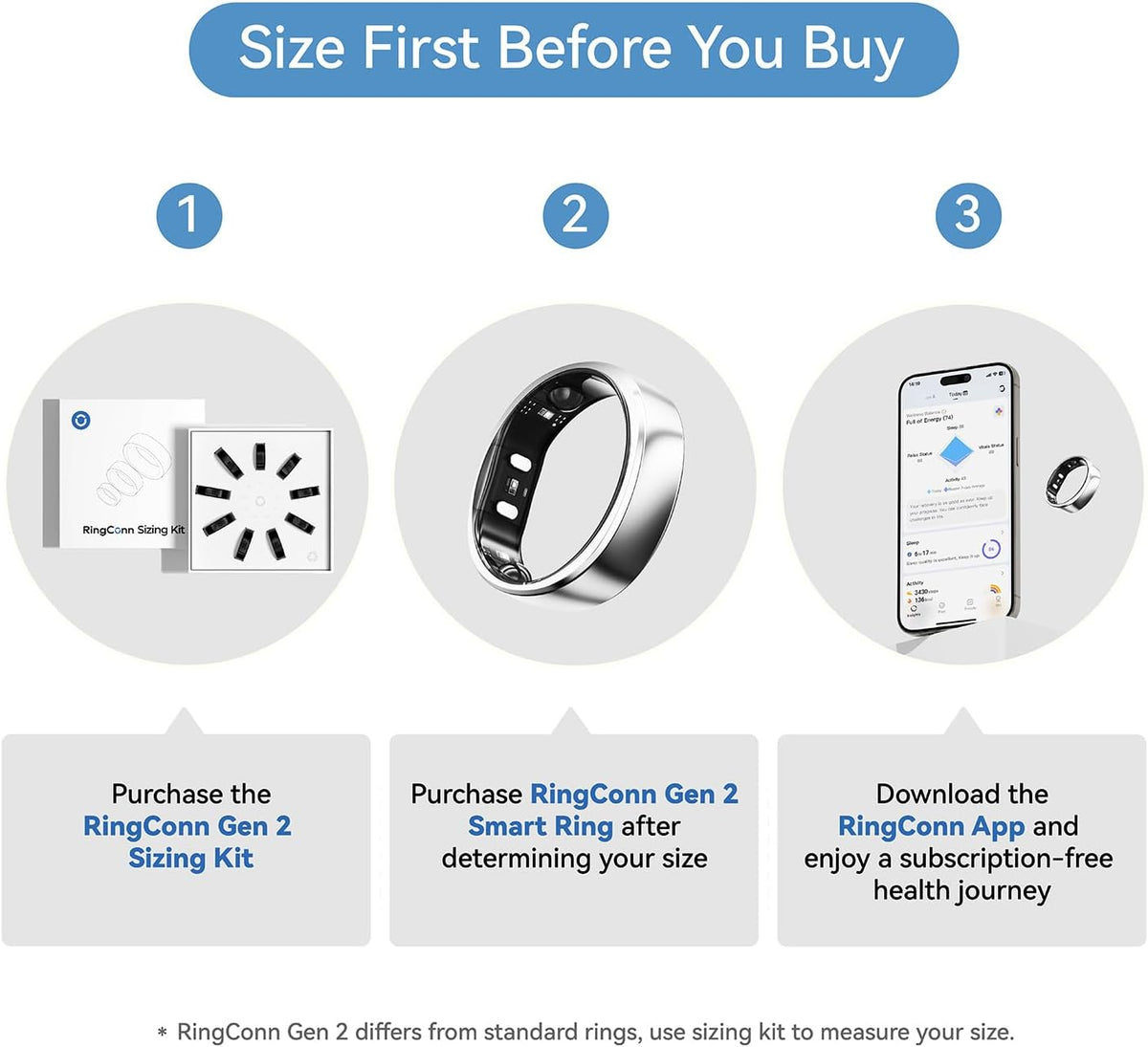 RingConn Gen 2, World's First Smart Ring with Sleep Apnea Monitoring, No APP Subscription, 12-Day Battery Life, Stress/Heart Rate/Women's Health Tracker, Android & iOS Compatible (Silver, Size 9)