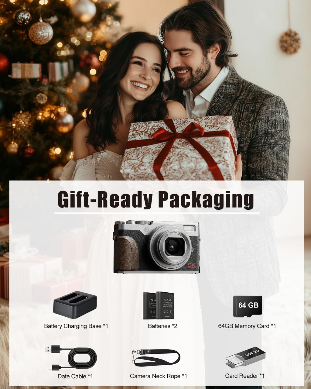 NBD 5K Vlogging Cameras Autofocus,64MP Digital Cameras for Photography,18X Zoom Travel Camera with Anti-Shake,2 Batteries,64GB TF Card(Silver