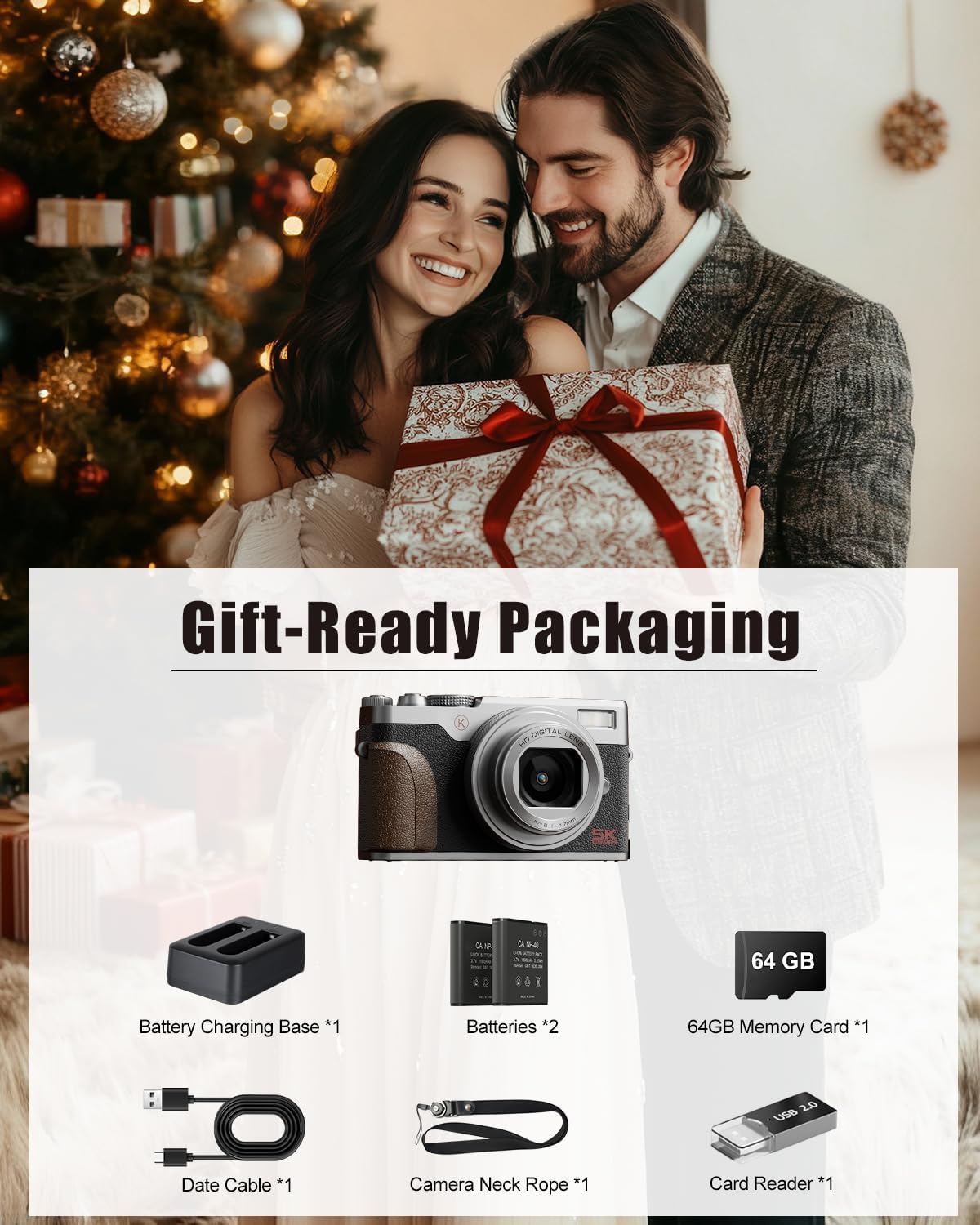 NBD 5K Vlogging Cameras Autofocus,64MP Digital Cameras for Photography,18X Zoom Travel Camera with Anti-Shake,2 Batteries,64GB TF Card(Silver