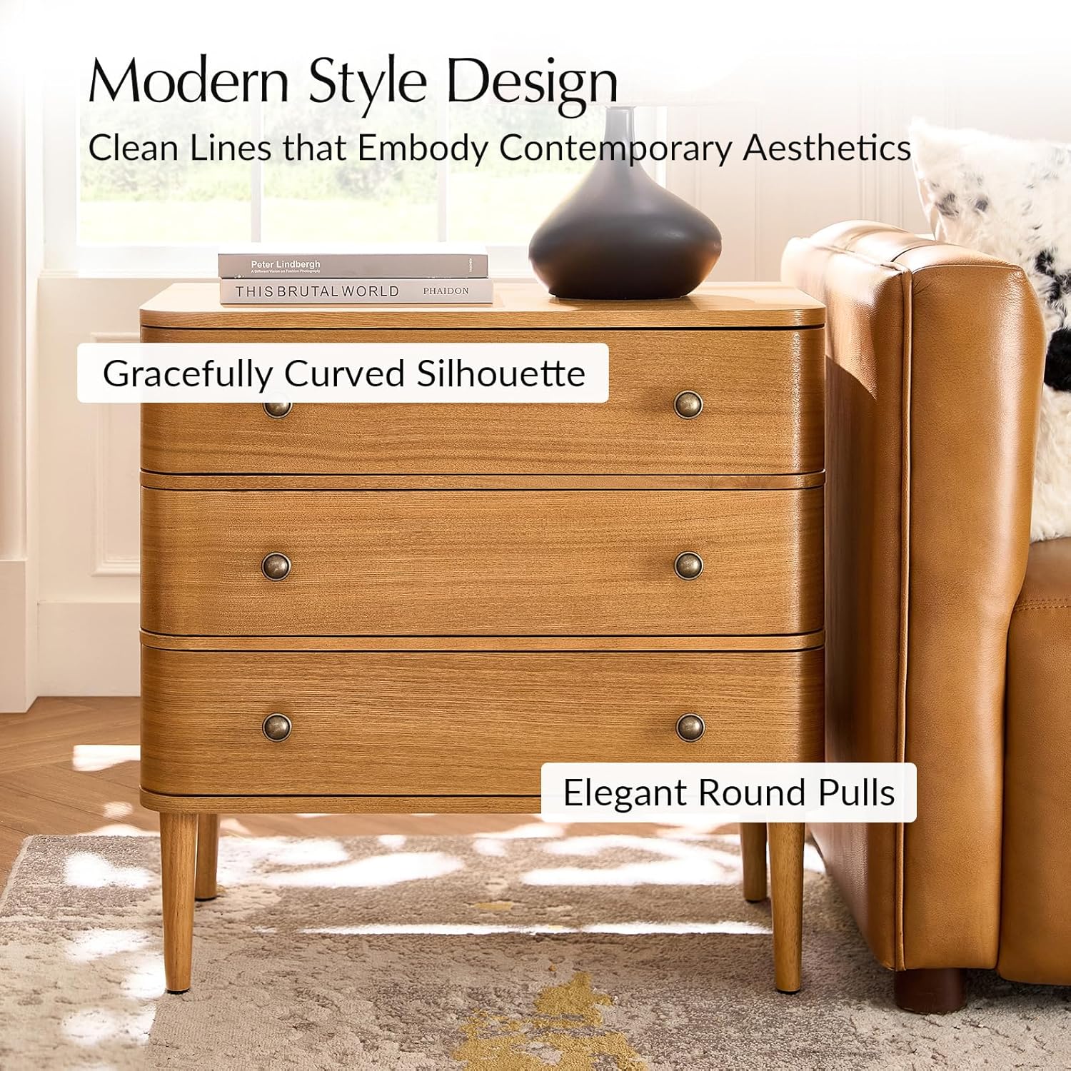 HULALA HOME Modern End Table Set of 2 with Charge Station, 3 Drawer Wood Side Table with Solid Wood Legs & Adjustable Feet, Curved Design End Table, Oak