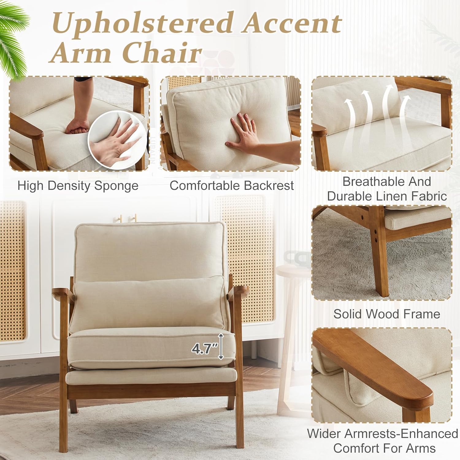 VINGLI Solid Wood Wide Armrests Accent Chair Set of 2,Upholstered Mid Century Modern Chair with Pillow,Farmhouse Arm Chair Comfy Reading Chair,Chairs Living Room,Bedroom,Guest Room,Linen Fabric,Beige