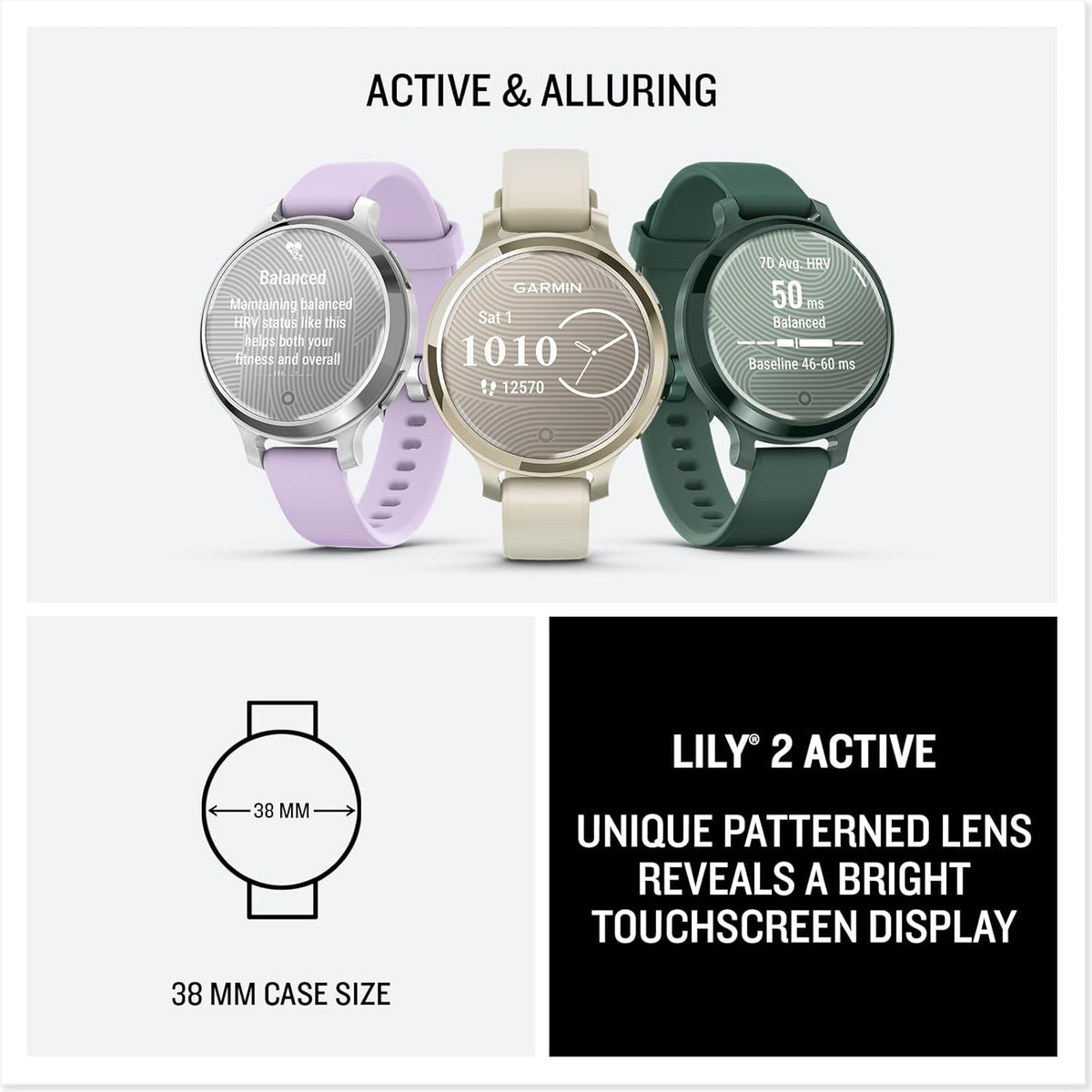 Garmin Lily® 2 Active, Small and Stylish Smartwatch, Built-in GPS, Hidden Display, Patterned Lens, Up to 9 Days Battery Life, Lunar Gold with Bone Silicone Band