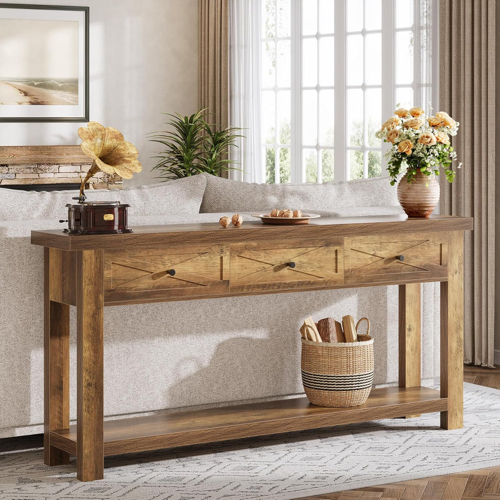 Tribesigns 70.9" Console Table with 3 Drawers, Extra Long Entryway Table for Living Room, Hallway, Narrow Sofa Table Behind Couch with Storage Shelf, Rustic Brown