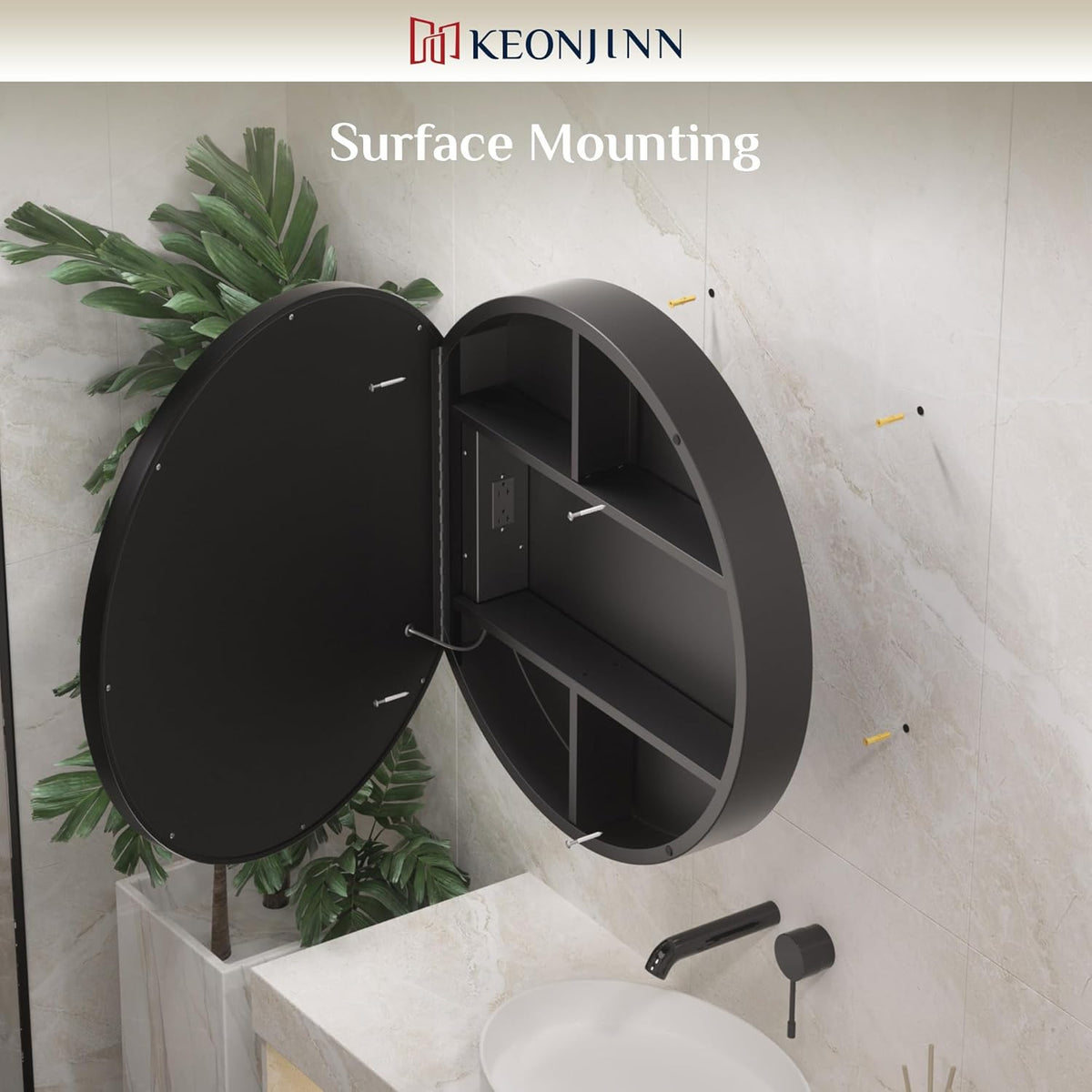Keonjinn 30 Inch Round Lighted Medicine Cabinet, Black LED Medicine Cabinet Mirror, Circle, Electrical Outlet, 3 Color Lights, Anti-Fog, Dimmable, Surface Mount Only