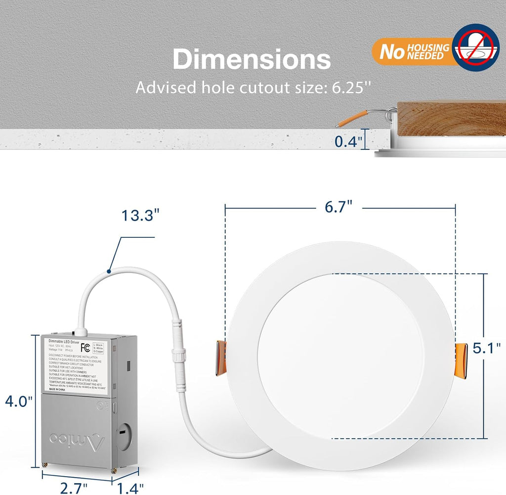 Amico 24 Pack 6 Inch 5CCT Ultra-Thin LED Recessed Ceiling Light with Junction Box, 1050LM Brightness, Dimmable Canless Wafer Downlight, 12W, ETL&FCC