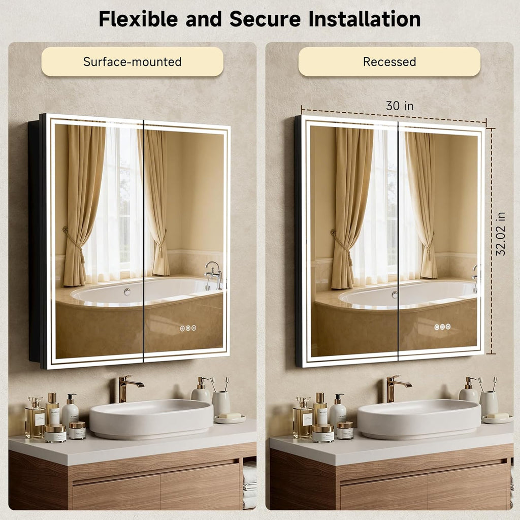 30"x32" Lighted Bathroom Medicine Cabinet, LED Medicine Cabinet Mirror with Electrical Outlet & USB Port, Defogger and Dimmable 3 Colors Adjustment, Aluminum Door Frame-Recessed/Wall Mounted