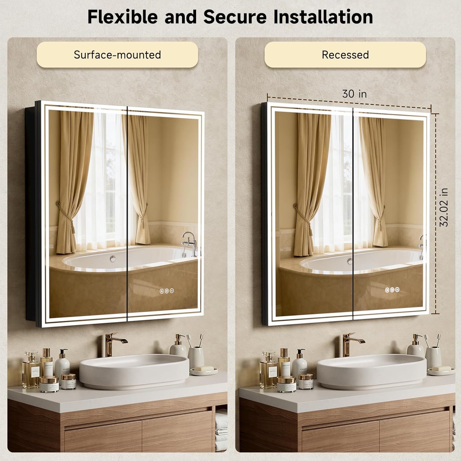 30"x32" Lighted Bathroom Medicine Cabinet, LED Medicine Cabinet Mirror with Electrical Outlet & USB Port, Defogger and Dimmable 3 Colors Adjustment, Aluminum Door Frame-Recessed/Wall Mounted