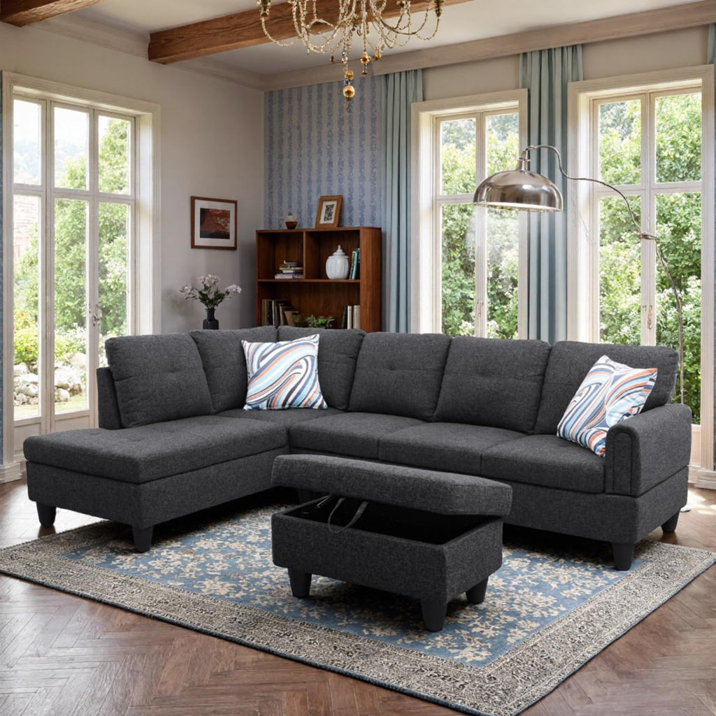 L Shaped Couch Sectional Couches with Chaise and Storage Ottoman, 3 Pieces Modular Convertible Sofa for Living Room Furniture Sets and Small Apartment, Black Grey