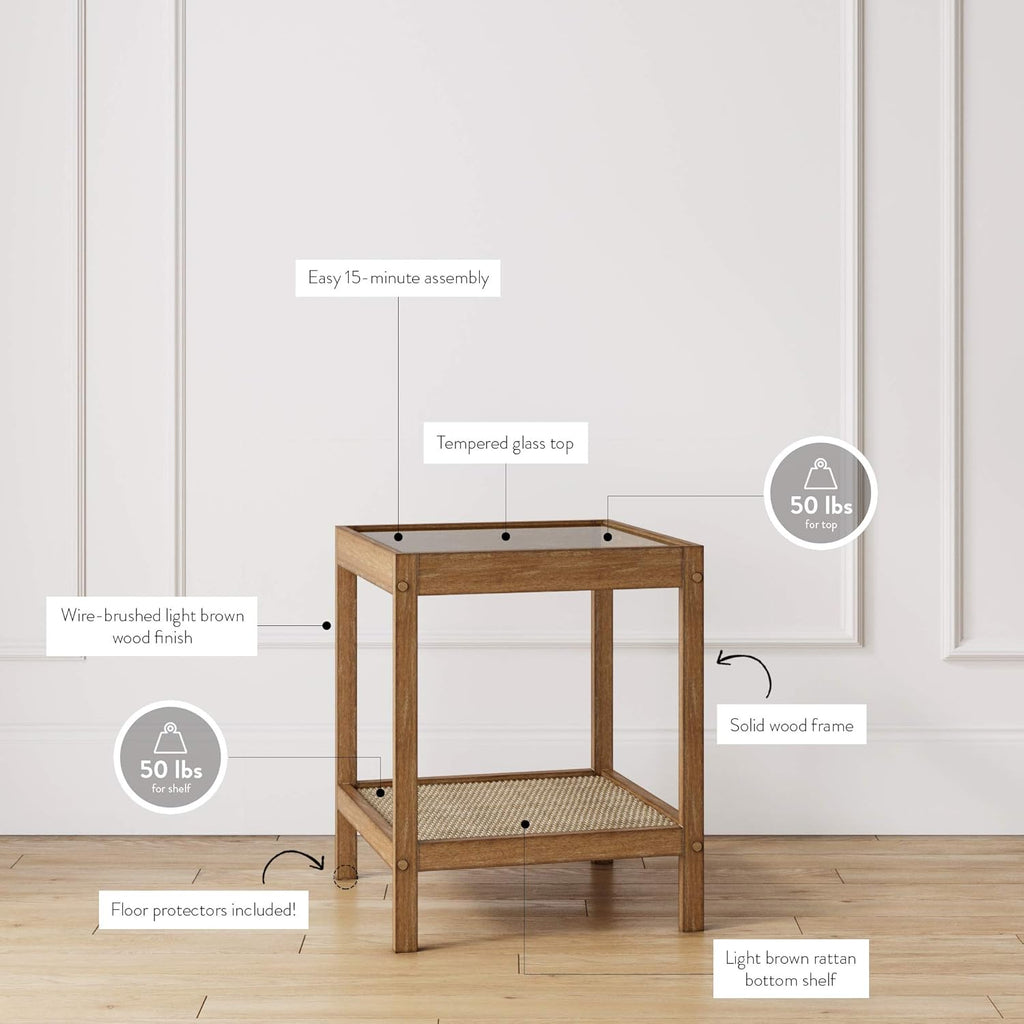 Nathan James 33301 Hayes Solid Wood Nightstand, Bedside, End or Side Table in Light Brown Wood Finish & Glass Top with Open Storage Shelf, 18 in x 18 in x 22 in