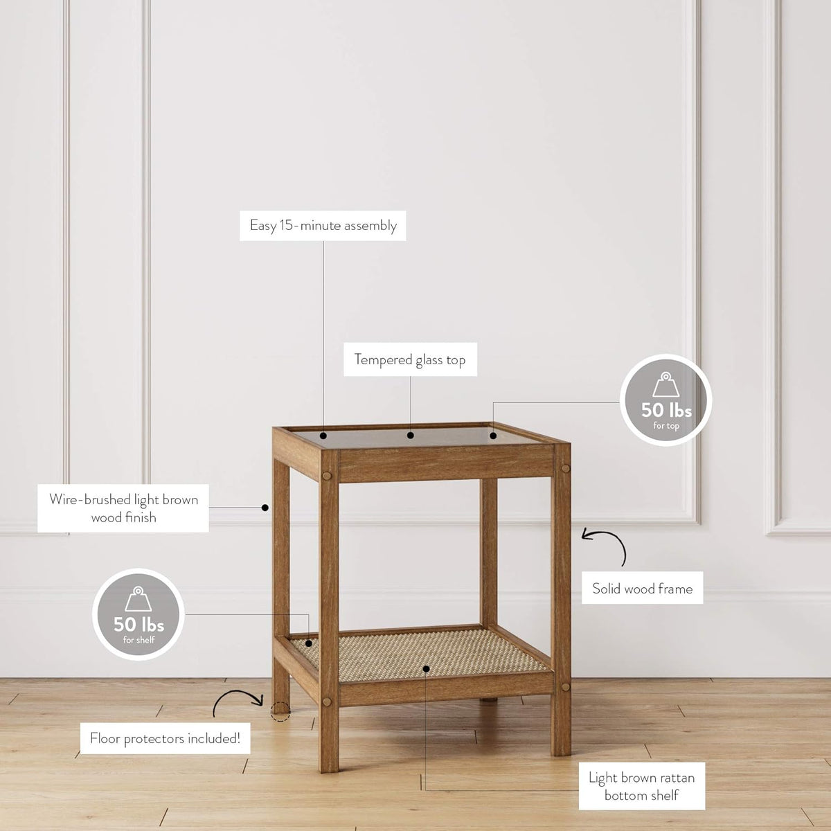 Nathan James 33301 Hayes Solid Wood Nightstand, Bedside, End or Side Table in Light Brown Wood Finish & Glass Top with Open Storage Shelf, 18 in x 18 in x 22 in