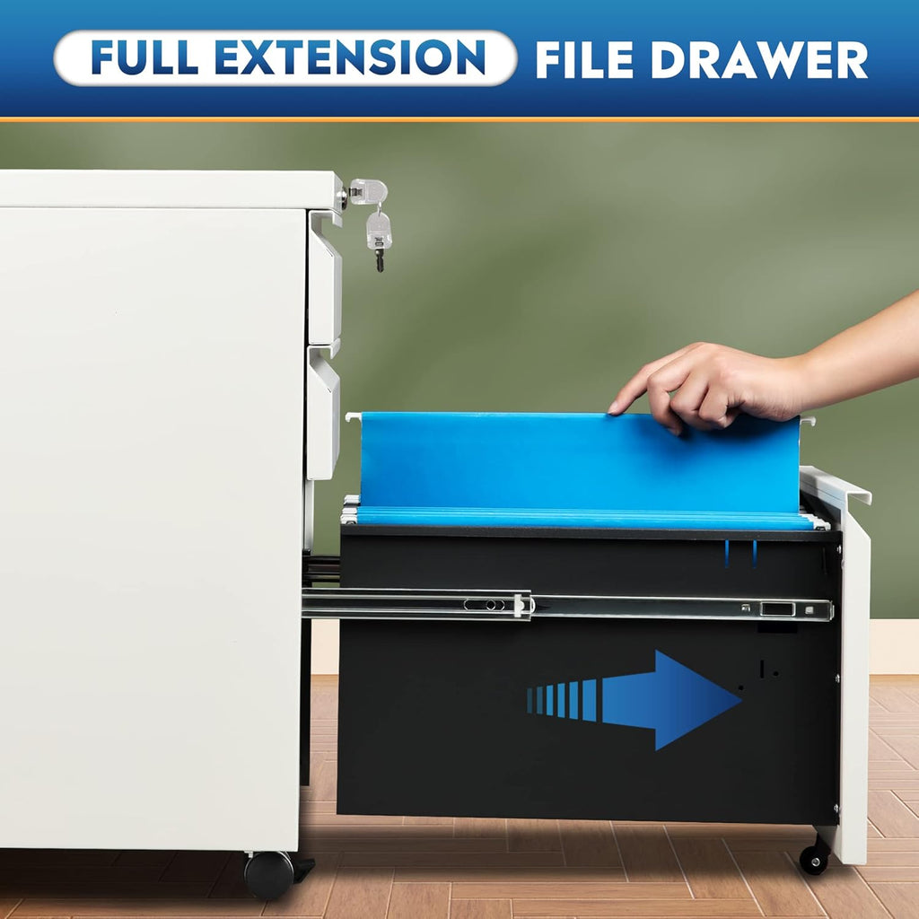DEVAISE 3 Drawer Mobile File Cabinet with Lock, Under Desk Metal Filing Cabinet for Home Office/Legal/Letter/A4 File, Fully Assembled Except Wheels, White