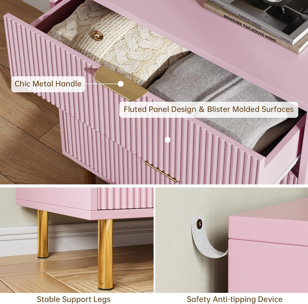 IDEALHOUSE Pink Dresser, Modern 3 Drawer Dresser for Bedroom with Gold Handle and Large Drawer, Wood Double Chest of Drawers and Storage Organizer for Living Room, Hallway, Entryway