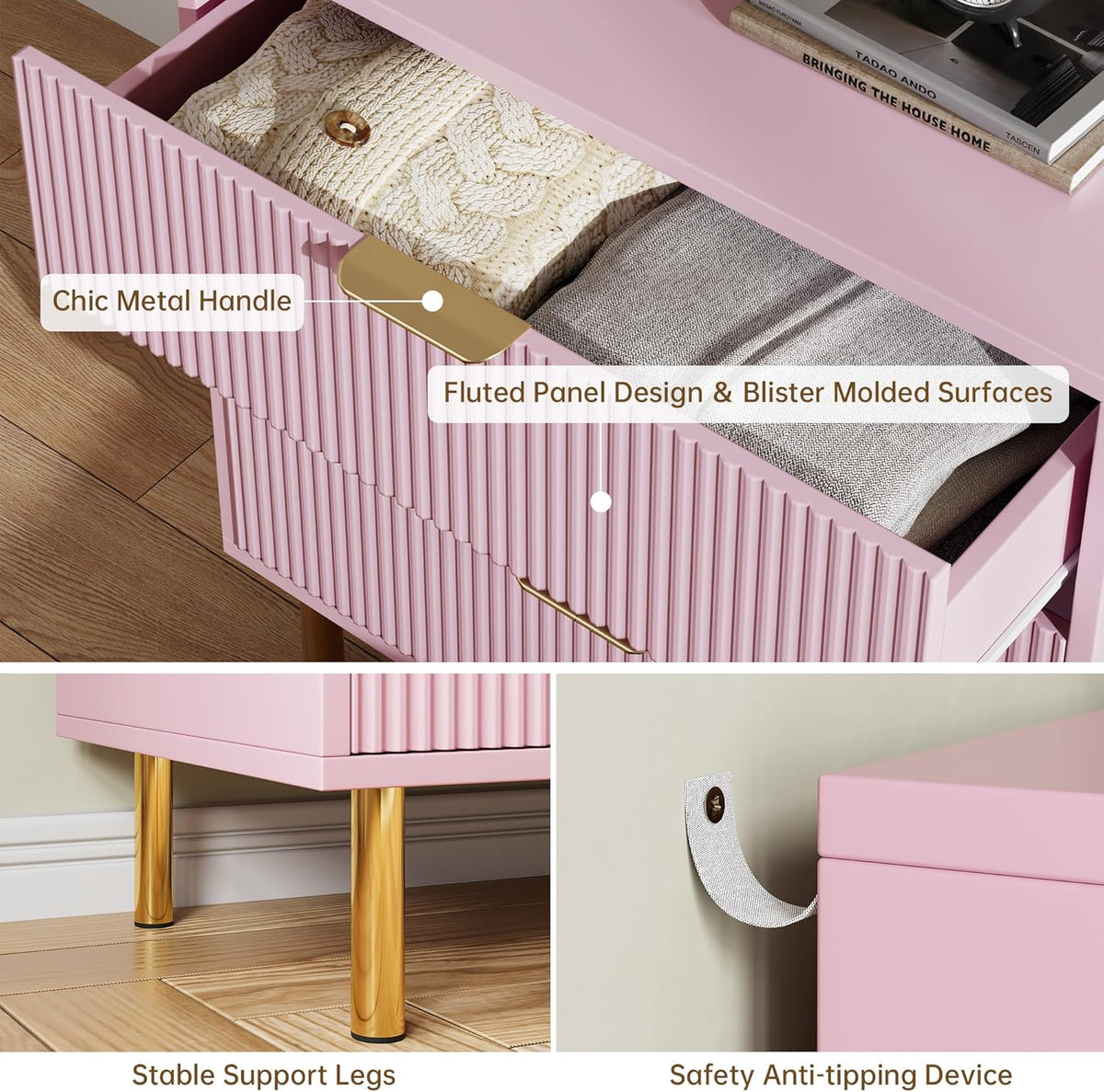 IDEALHOUSE Pink Dresser, Modern 3 Drawer Dresser for Bedroom with Gold Handle and Large Drawer, Wood Double Chest of Drawers and Storage Organizer for Living Room, Hallway, Entryway