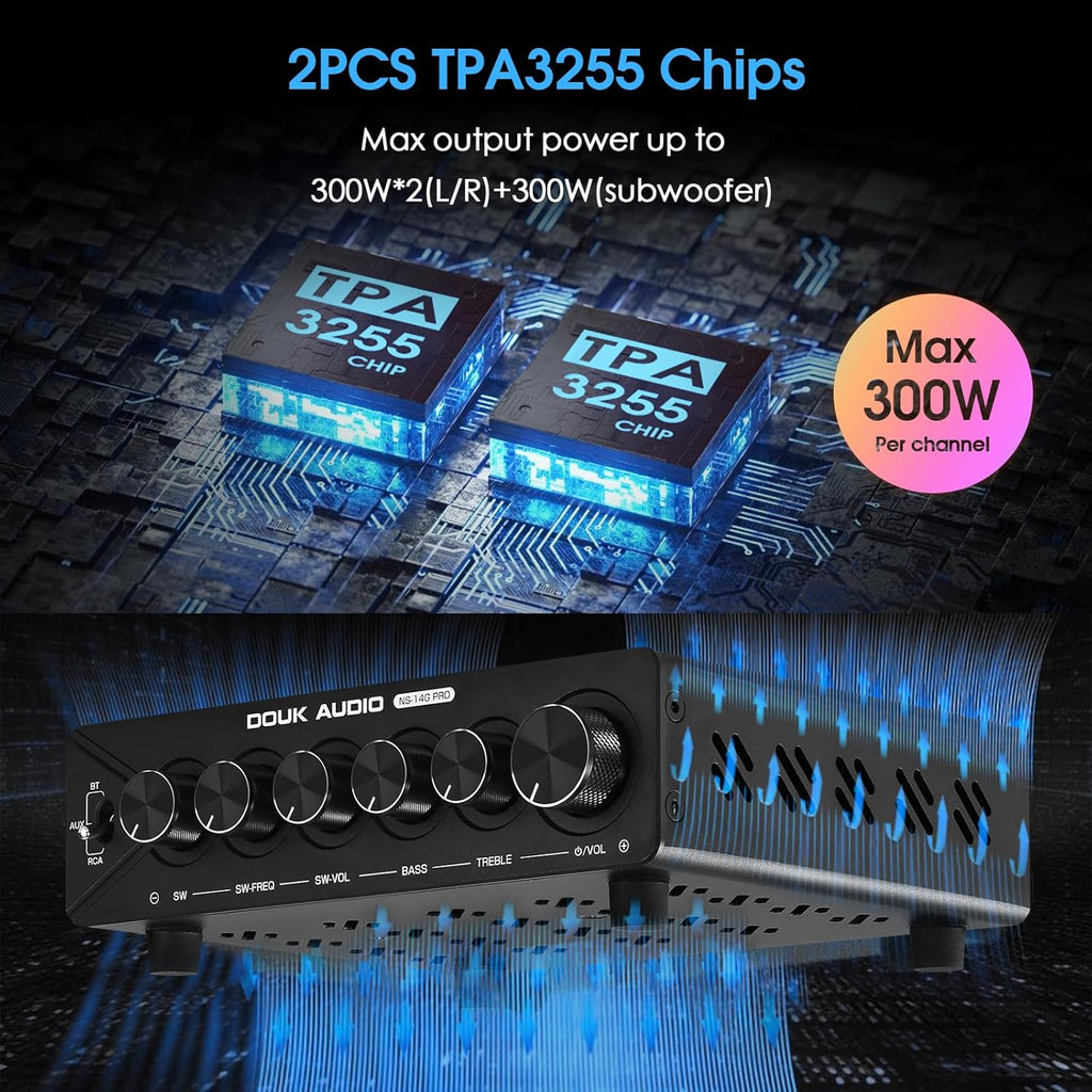 DoukAudio 2.1 Channel Bluetooth Amplifier: 600W Stereo + 300W Subwoofer Output Bass & Treble Control for Home Theater | Dual TPA3255 aptX-HD | Living Room Desktop | Audiophiles Holiday (NS-14G-PRO)