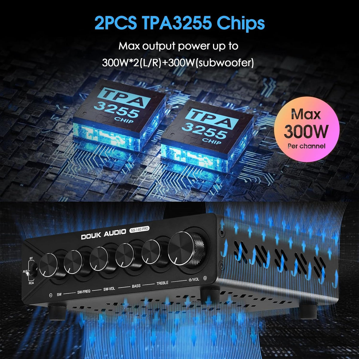 DoukAudio 2.1 Channel Bluetooth Amplifier: 600W Stereo + 300W Subwoofer Output Bass & Treble Control for Home Theater | Dual TPA3255 aptX-HD | Living Room Desktop | Audiophiles Holiday (NS-14G-PRO)
