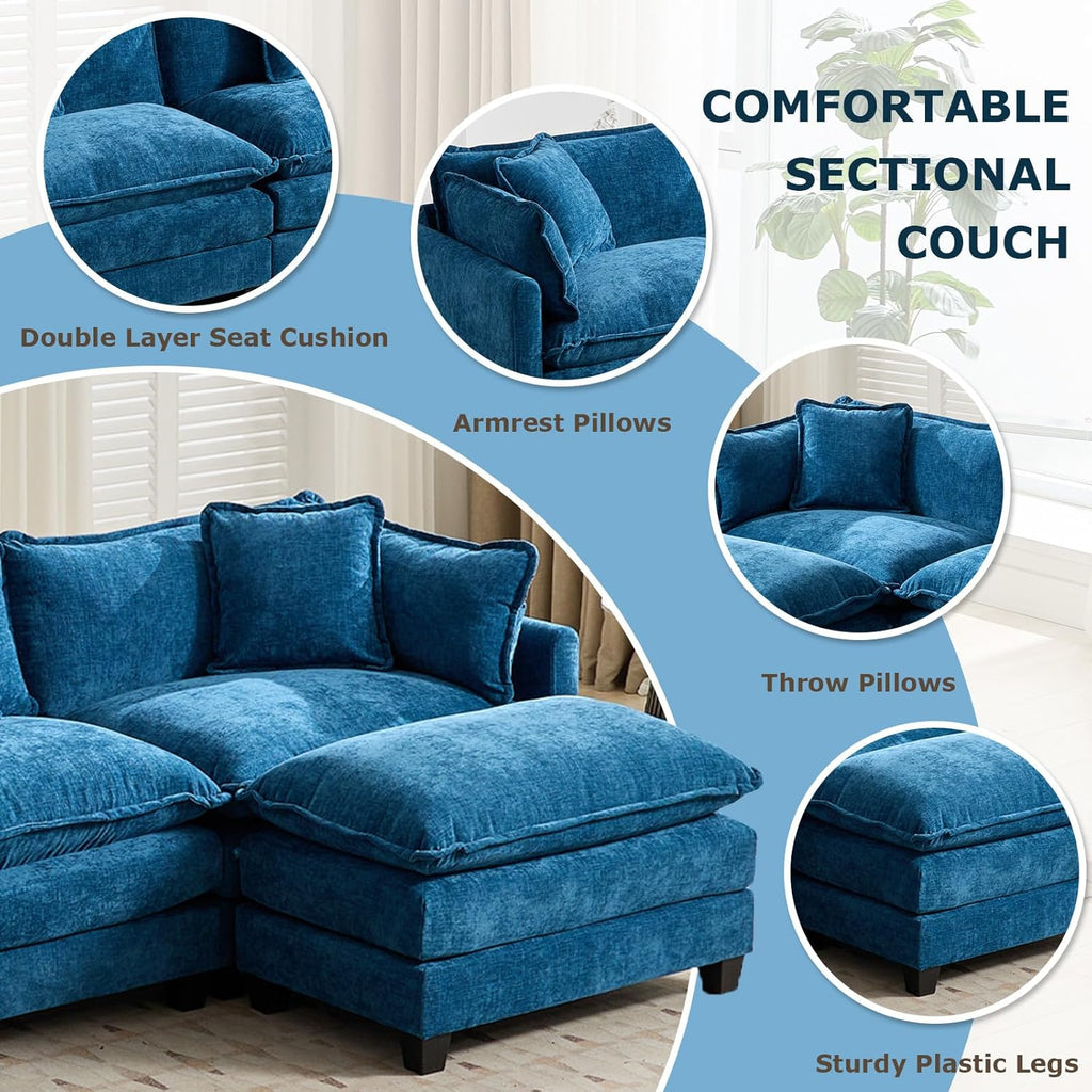 SoarFlash 113.78" Chenille Sectional Sofa, Comfy L Shaped Modular Coush Sofa with Ottoman, Modern 4 Seat Couch Deep Seat Sofa Set for Living Room,Blue