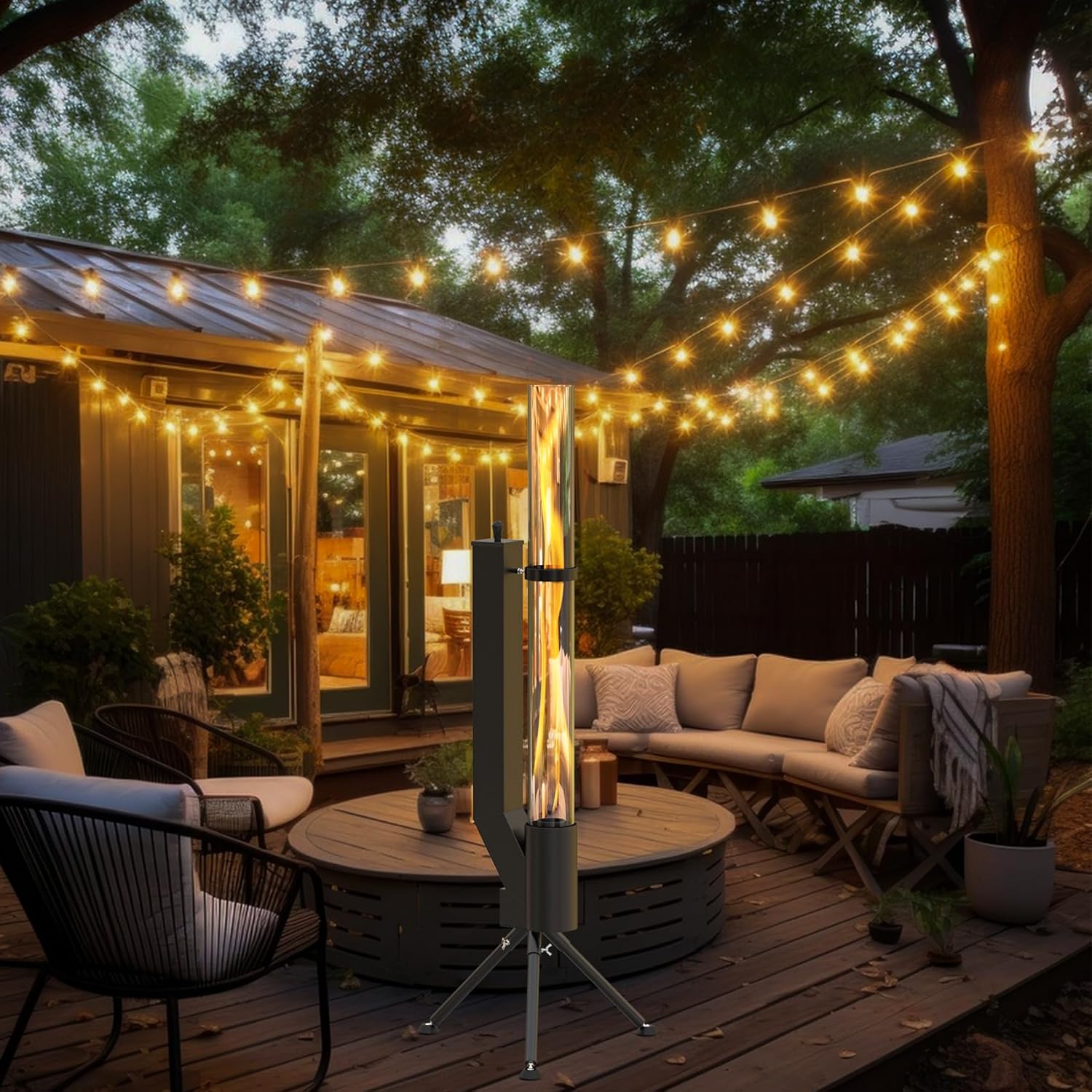 58" Wood pellet Patio Heater with Glass Tube, Portable Pellet Heater Fire Pit, Rocket Stove for Camping Backyard Porch Coffee Shop Outside Restaurant, Bonfire Party, RV, Tailgating, Beach, FP042