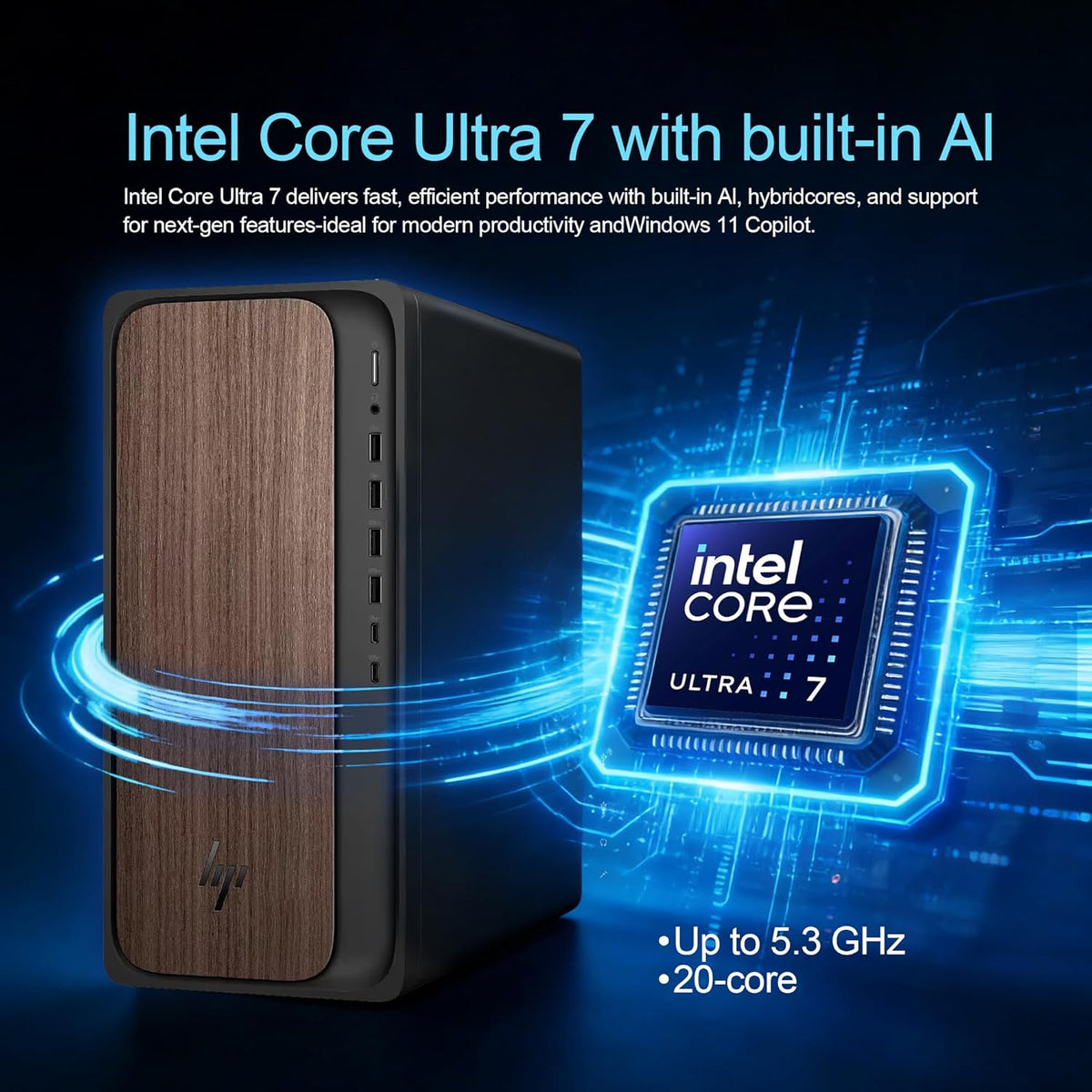 HP OmniDesk Desktop Computer – Intel Core Ultra 7 265, 16GB DDR5 1TB SSD, Sleek Dark Wood Design, AI-Ready Performance, Windows 11 Pro with Dockstation