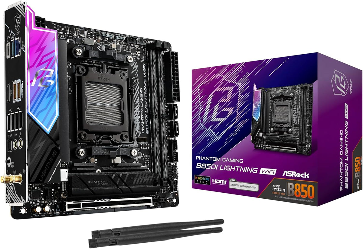ASRock AMD B850i Lightning WiFi 6E Socket AM5 Ryzen 9000/8000/7000 Series DDR5 8200+ (OC) MHz 128GB Mini ITX Motherboard M.2 SATA3 6.0 Gb/s PCIe 5.0 B850 BIOS Flashback