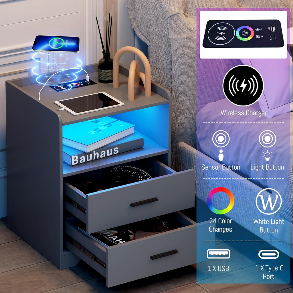 dnbss Grey Night Stand with Wireless Charging Station, Nightstand with 2 Drawers, Smart Bedside Table with 24-Color RGB Lighting, Modern LED Lighted Nightstand for Bedroom
