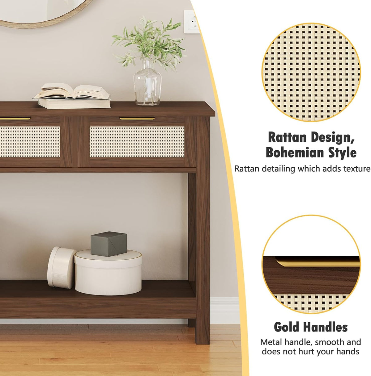 Luoxiao Console Table for Entryway with 3 Rattan Drawers Boho Entry Table with Storage Open Shelf, Narrow Long Sofa Tables for Living Room, Hallway, Foyer, Couch, Front Door, Walnut, 47 Inch