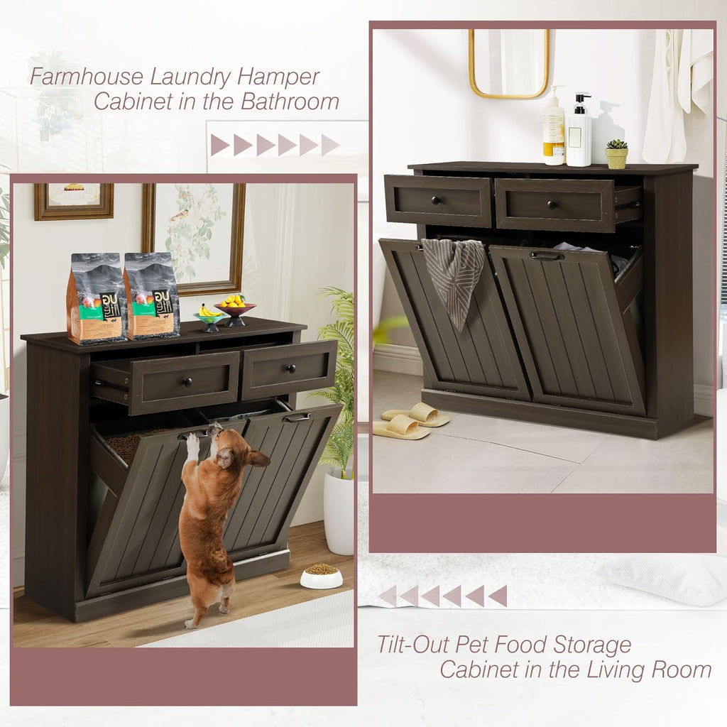 Double Tilt Out Laundry Hamper Cabinet, Modern Farmhouse Trash Can Cabinet w/2 Drawers, Wooden 22 Gallon Hidden Garbage Cabinets with 2 Laundry Storage Baskets for Kitchen and Bathroom (Grey)