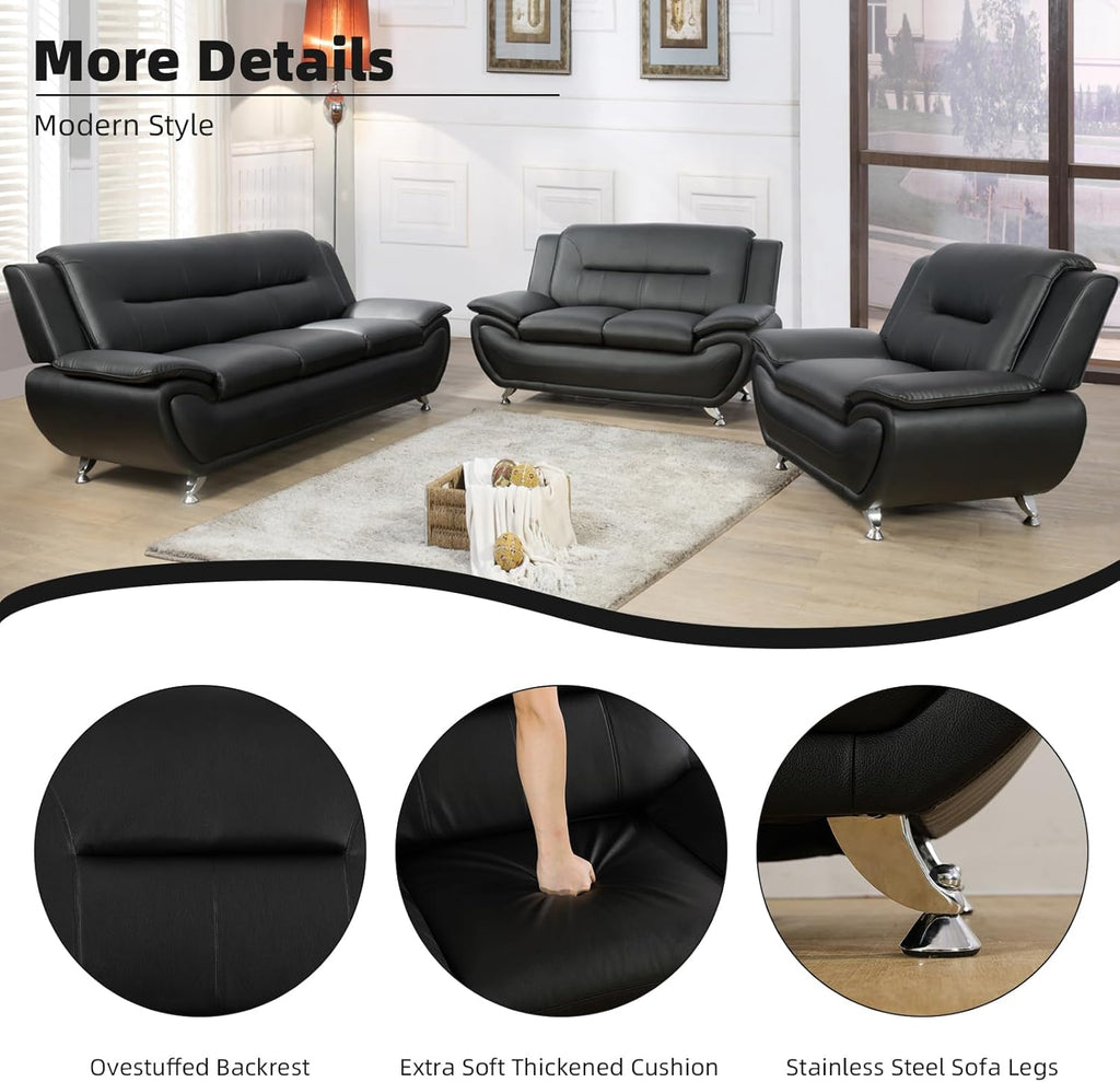 Modern Leather Sofa Set, Living Room Furniture, 3 - Piece Couch Set, Faux Leather Couch Loveseat Chair Set with Sturdy Legs for Living Room/Bedroom/Office,Black