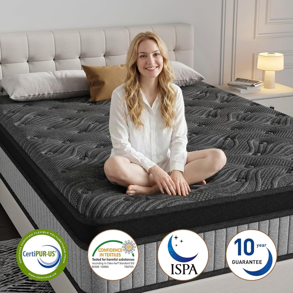 Queen Size 14 Inch Hybrid Mattress in a Box, Medium Firm Black and Gray Fabric Cover with Pocket Spring and Memory Foam - Breathable Supportive Cool Sleep for Back Side Stomach Sleepers