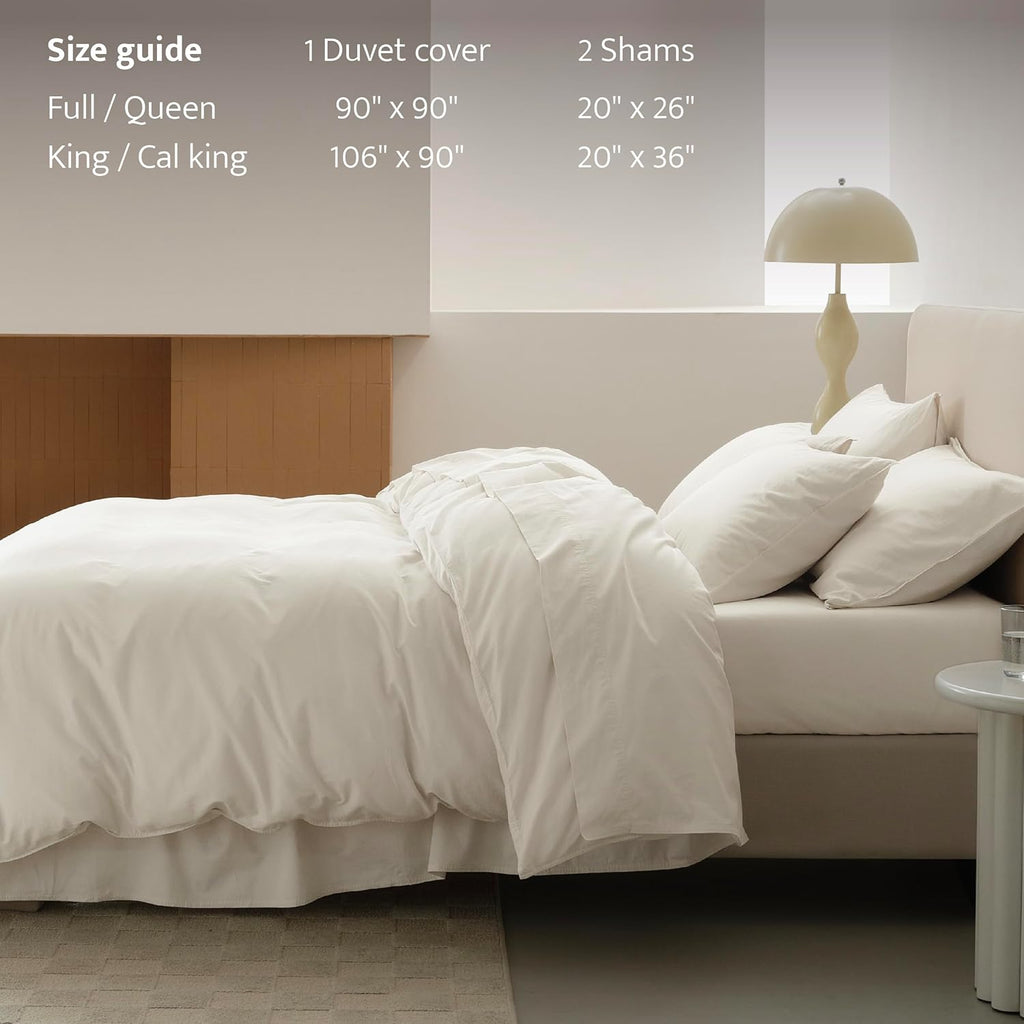 Double Stitch 100% GOTS Organic Cotton Duvet Cover, Washed Cotton Queen Size Duvet Covers Set, 300 TC Luxury Hotel Sateen Weave 3PCS Bedding Set, Soft Long Staple Cotton, Made in India, Coconut White
