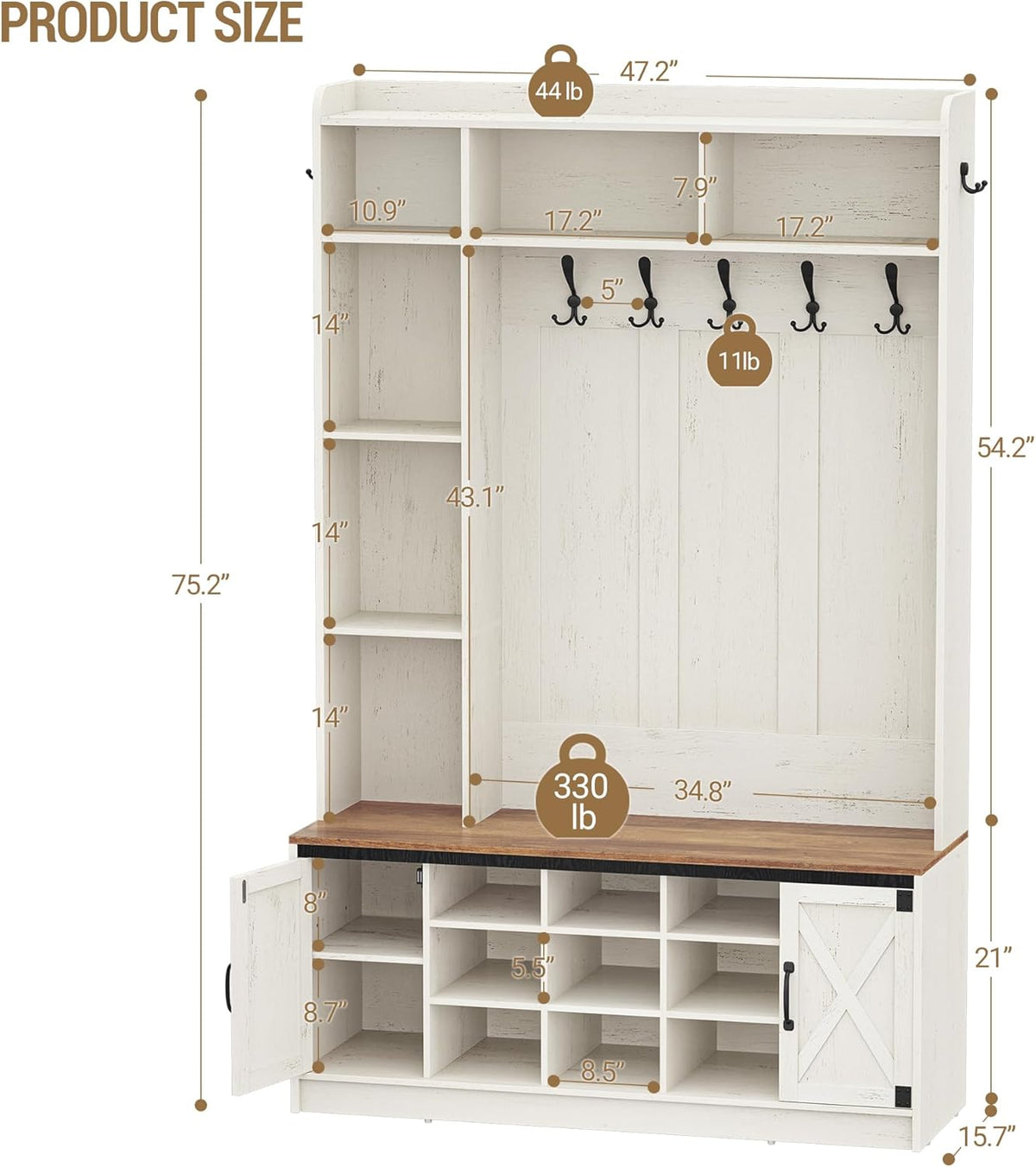 Hzuaneri 47.2" Hall Tree, LED Farmhouse Entryway Storage and Coat Rack Wood, Entryway Furniture with 7 Hooks, Hall Tree with Bench and Storage, 6 Storages Partitions Shoe Bench, Rustic White HT24514X