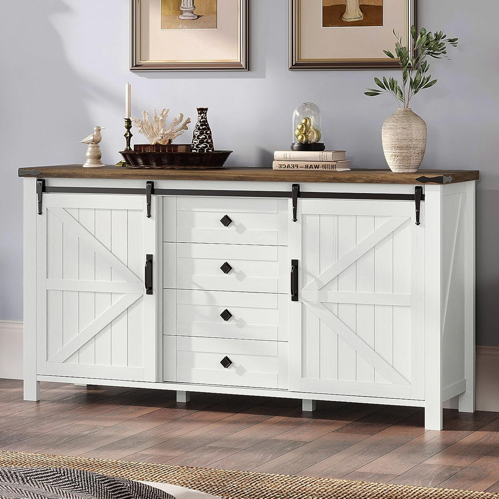 AMERLIFE 60" Farmhouse Dresser with Sliding Barn Doors, Rustic Dresser TV Stand with 4 Drawers, Storage Organizer for Bedroom/Entryway, Distressed White