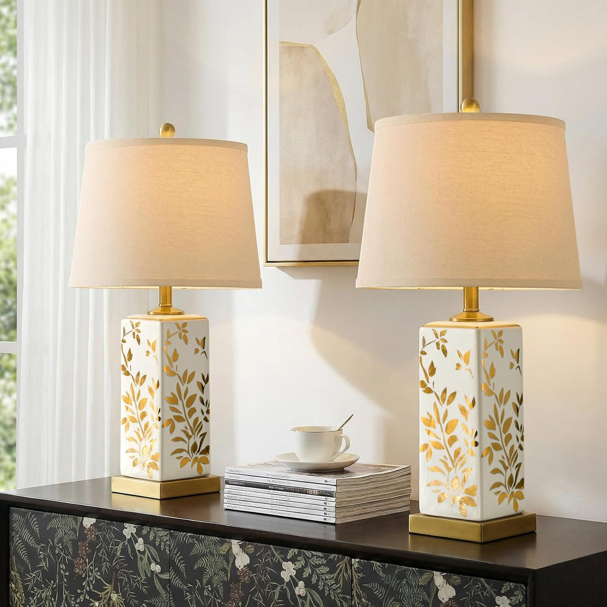 24.25" Mid Century Modern Lamp Set of 2, Vintage Farmhouse Chinoiserie Ceramic Table Lamps, Reflective Gold Leaf Pattern Bedside Lamps for Bedroom Living Room Nightstand, White & Gold