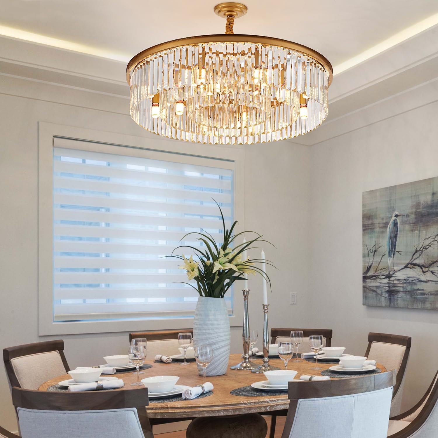 31.5" 12-Light Modern Crystal Chandelier Light Fixtures 3 Rings Gold Luxury Chandeliers for Living Room Glam Round Hanging Ceiling Pendant Lighting for Entryway Kitchen Bedroom Dining Room
