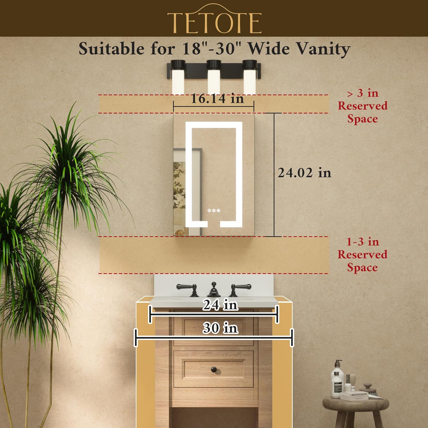 TETOTE LED Lighted Medicine Cabinet Mirror with Tempered Glass 16 x 24 Recessed or Surface Mount Bathroom Cabinet with Lights and Storage, Outlets & USB, 3-Color Dimming, Defog, Adjustable Shelves