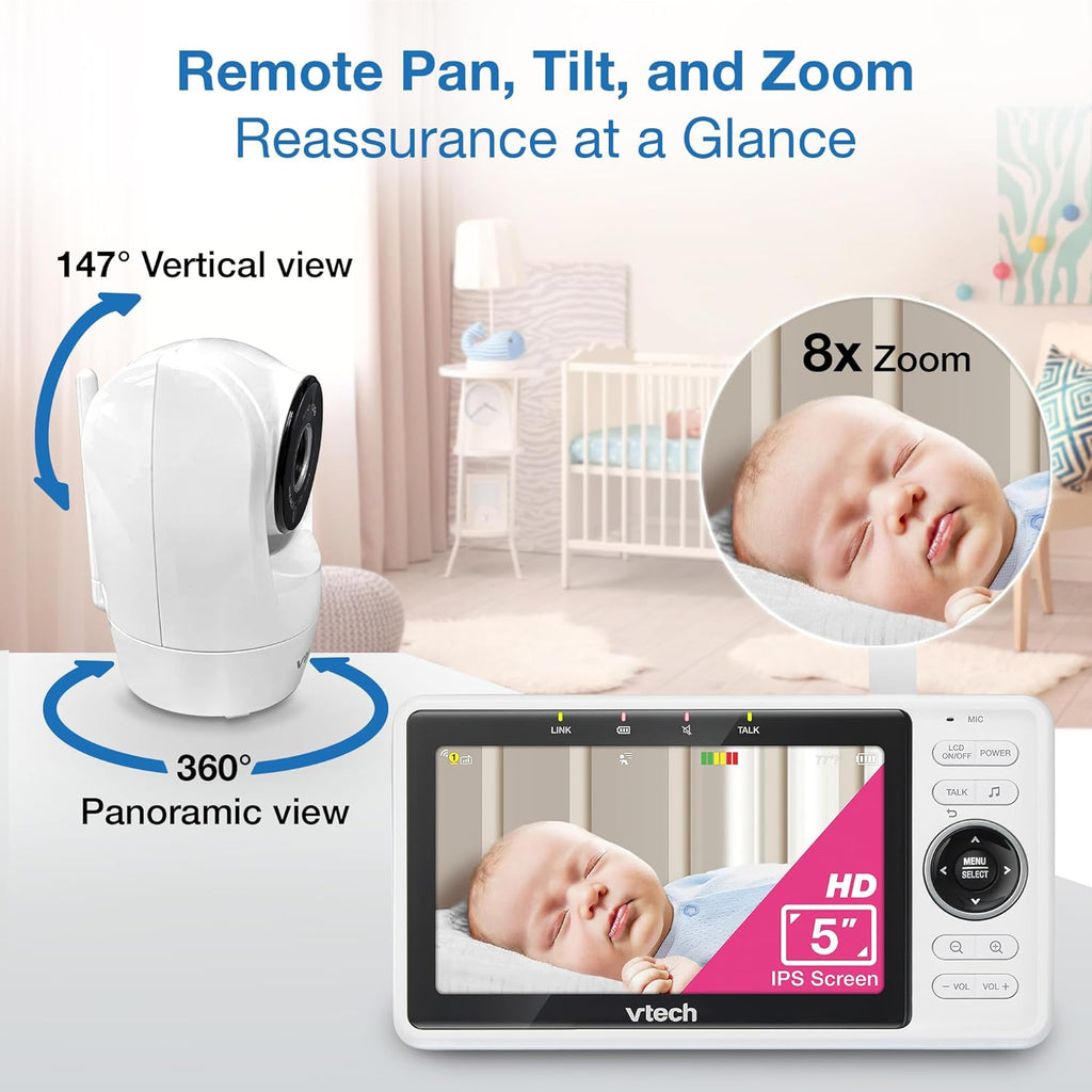 VTech WiFi Baby Monitor with 2 Cameras & 5" HD Split Screen – 1080p Video, Remote Pan Tilt Zoom, Night Vision, Two-Way Talk, Motion Alerts, Free App | VM901-2HD