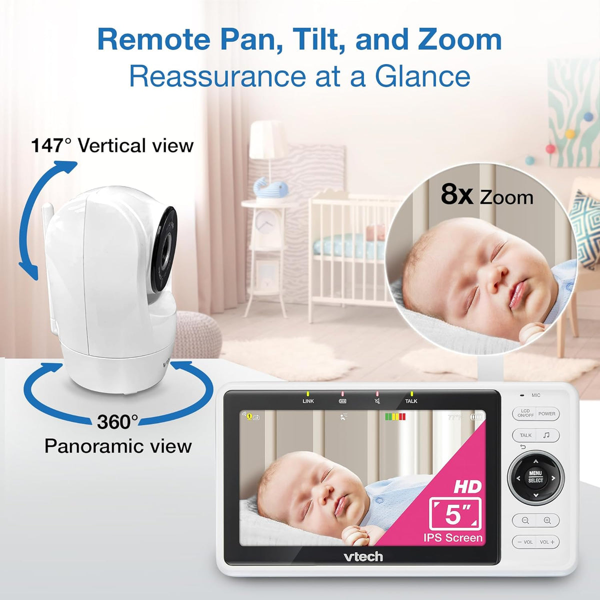 VTech WiFi Baby Monitor with 2 Cameras & 5" HD Split Screen – 1080p Video, Remote Pan Tilt Zoom, Night Vision, Two-Way Talk, Motion Alerts, Free App | VM901-2HD