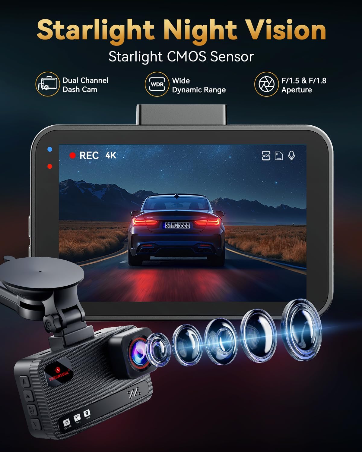 4K+4K Dash Cam Front and Rear, Free 128GB Card Included, 5.8GHz WiFi Dash Camera for Cars, Built-in GPS, G-Sensor, 170°Wide Angle, 3" IPS Screen, 24H Parking Mode, Support 512GB Max