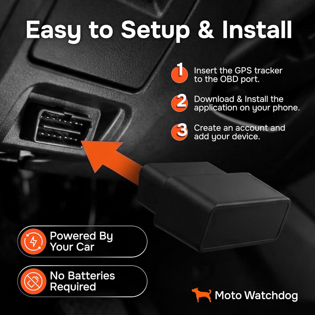 GPS Tracker for Vehicles, No Subscription with Real-Time Location, Mileage Tracking, Speeding Monitoring, Route History, Geofence, OBD, for Fleets & Families, USA, Any Vehicle 1998+, Moto Watchdog